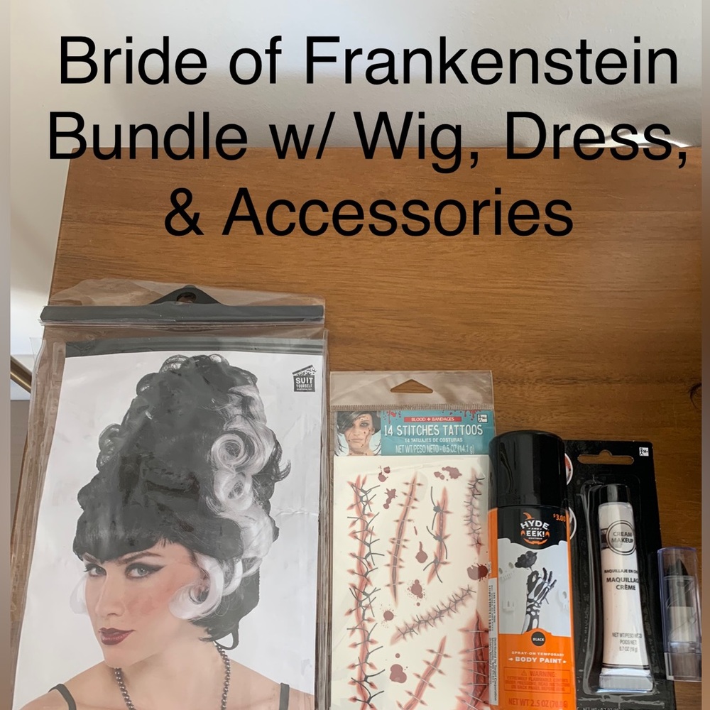 Bride of Frankenstein Halloween Costume Bundle - Beehive Wig, Dress, Accs